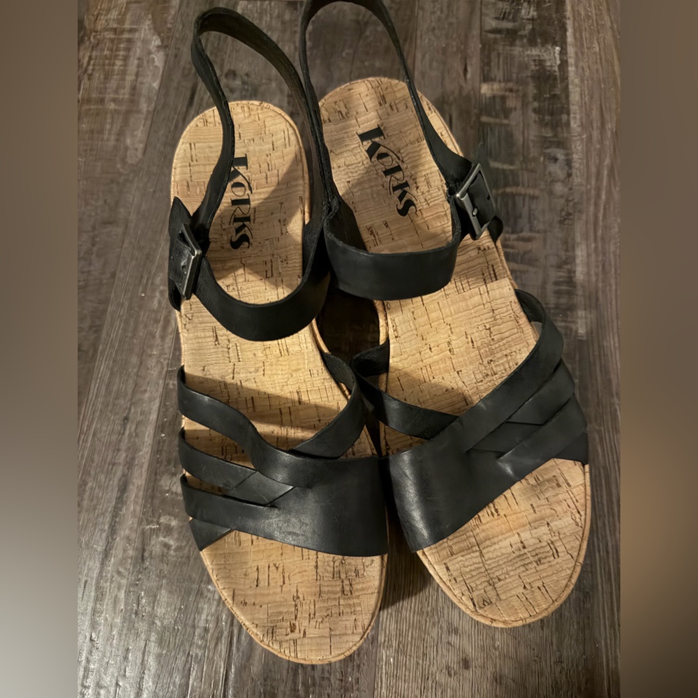 KORKS Denica Black Wedge Leather Sandals 11 - Picture 3 of 6